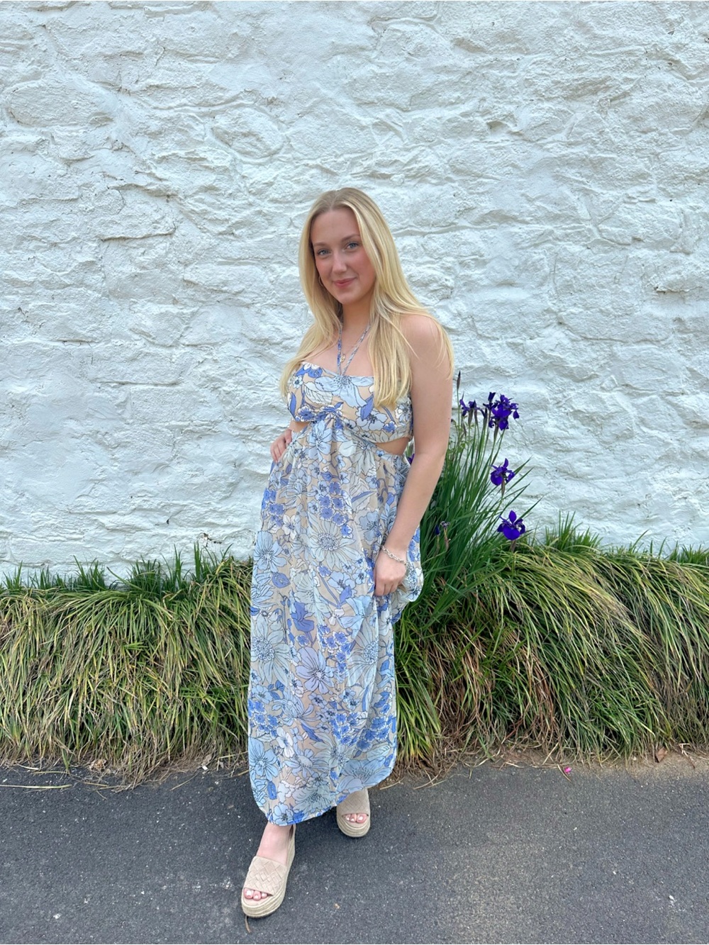 Forever 21 Blue and Cream Halter Floral Maxi Dress
